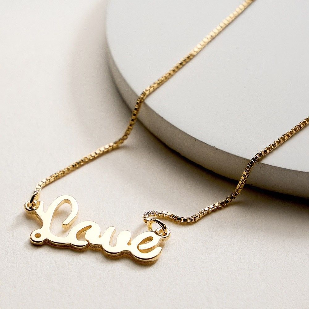 18K Gold Filled Love Script Pendant Necklace Dainty Box Chain Jewelry Gift